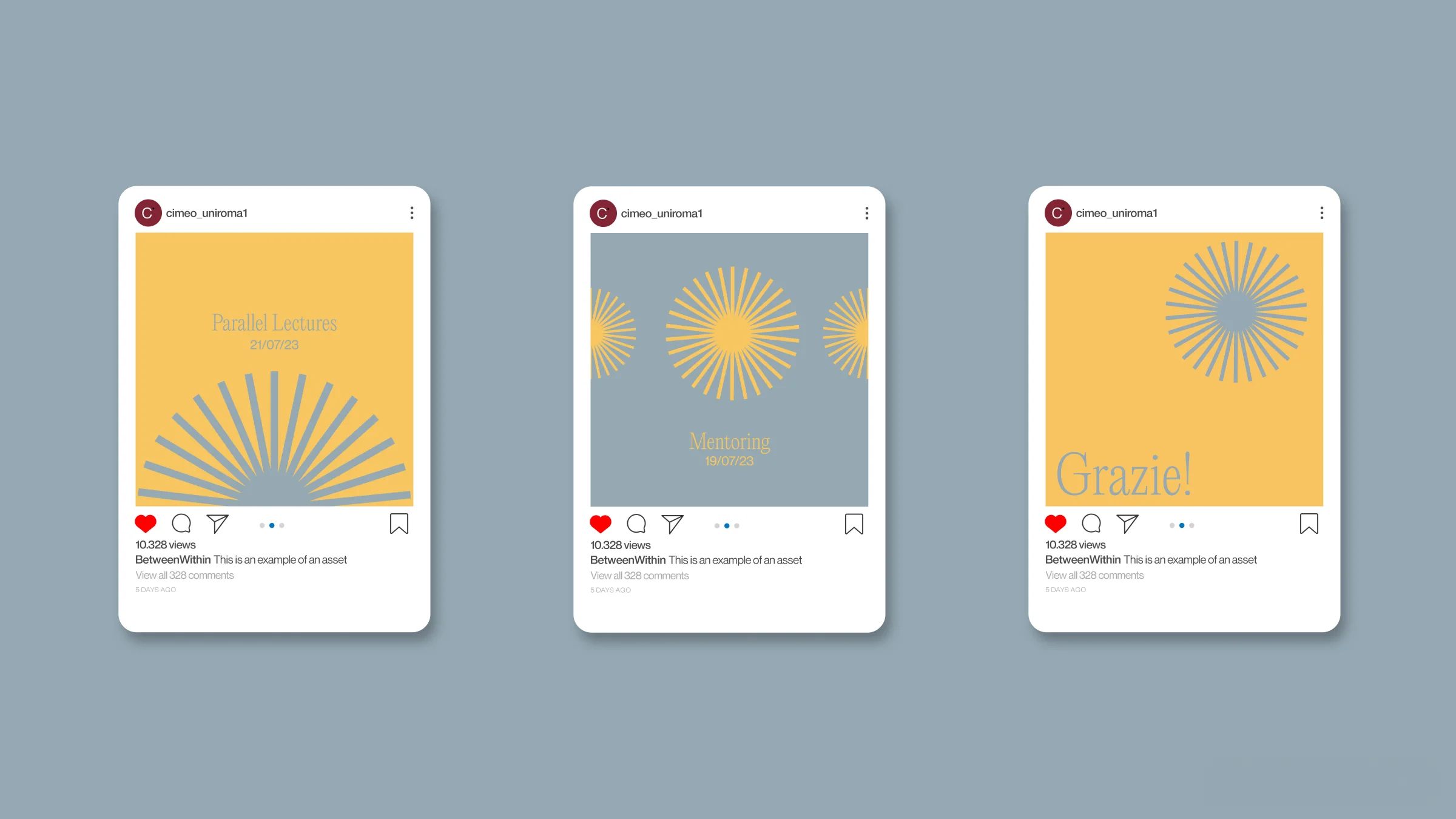 Three Instagram posts for Parallel Lectures, Mentoring and a closing Grazie!, in yellow and blue with the sun rays